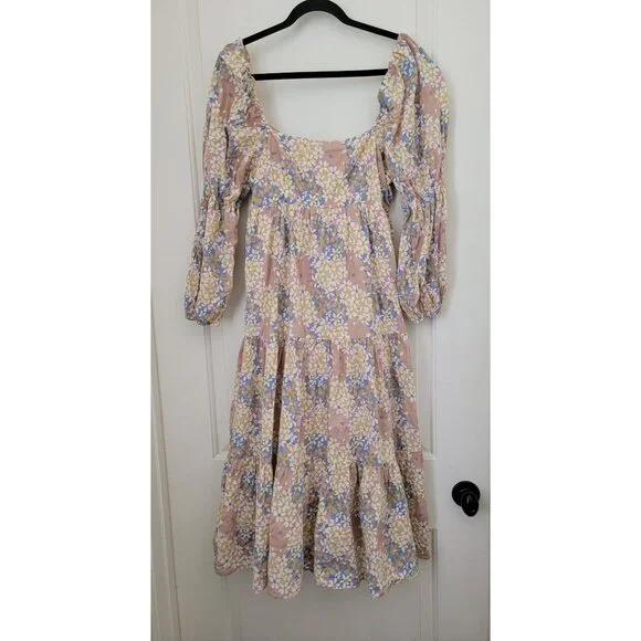 STORIA Floral Puff Sleeve Midi Dress With Back Tie & Tiered Skirt Women's Sz M - Picture 1 of 8